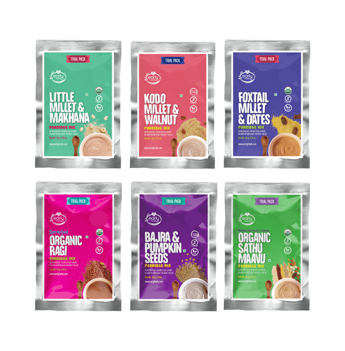 Early Foods Combo Pack of Little Millet & Makhana Porridge Mix Trial Pack, Kodo Millet & Walnut Porridge Mix Trial Pack, Foxtail Millet & Dates Porridge Mix Trial Pack, Organic Ragi Porridge Mix Trial Pack, Bajra & Pumpkin Seeds Porridge Mix Trial Pack and Organic Sathu Maavu Porridge Mix Trial Pack (50gm Each)