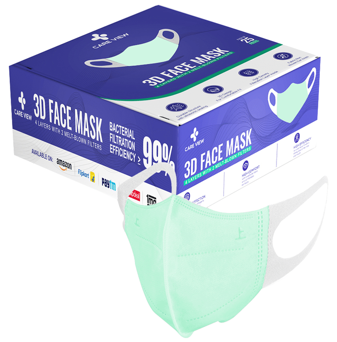 Care View 3 Dimensional Disposable Face Mask with 4 Layered Filtration and Soft Non-Woven Spandex Ear Loops Green Box