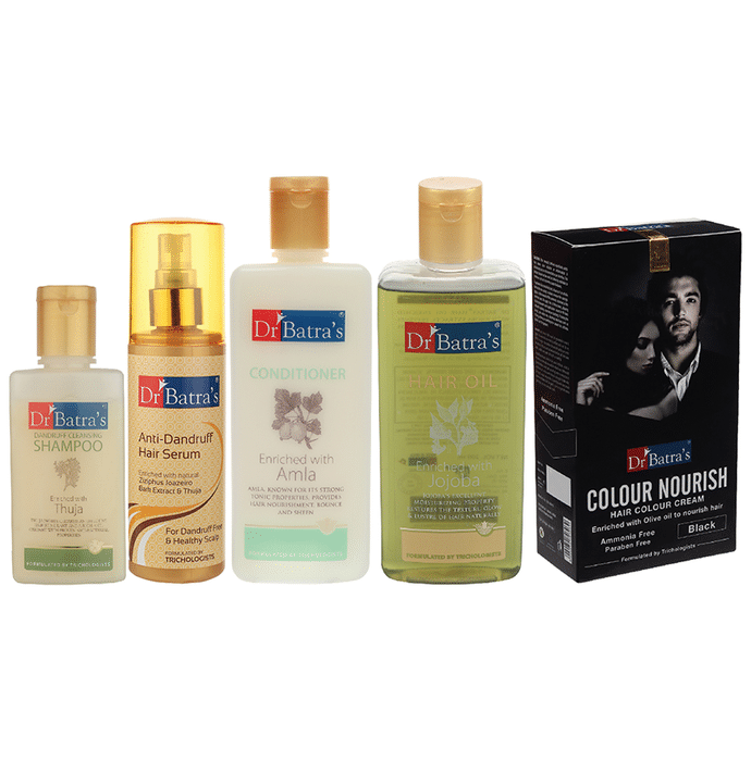 Dr Batra's Combo Pack of Anti-Dandruff Hair Serum 125ml, Dandruff Cleansing Shampoo 100ml, Conditioner 200ml, Hair Oil 200ml and Colour Nourish Hair Colour Cream 120gm Black