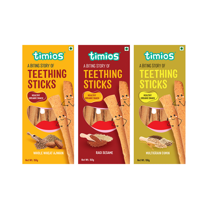Timios Combo Pack of Teething Sticks (150gm Each) Whole Wheat Ajwain, Ragi Sesame & Multigrain Cumin