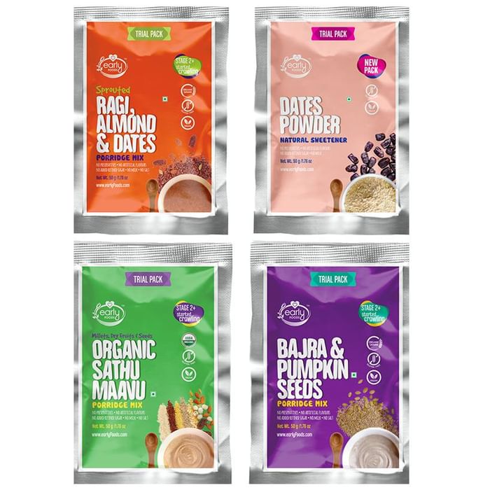 Early Foods Stage 2 Trial Pack Combo of Organic Fresh Porridge Mixes with Dates Powder Artificial Sweetener (50gm Each) Assorted
