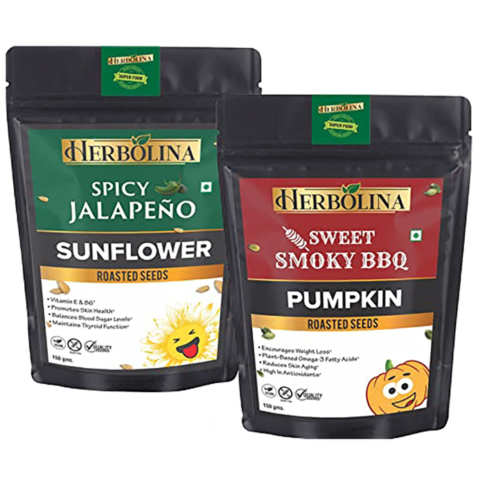 Herbolina Combo Pack of Pumpkin & Sunflower Roasted Seeds (150gm Each) Sweet Smoky BBQ & Spicy Jalapeno
