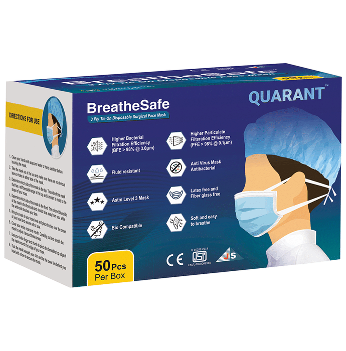 Quarant Breathe Safe 3 Ply Tie On Disposable Surgical Face Mask Blue
