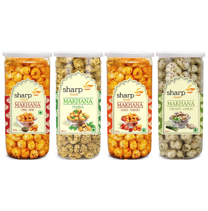Sharp Foods Makhana (90gm Each) Peri-Peri, Pudina, Tangy-Tomato, Creamy-Onion