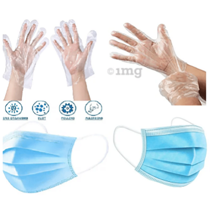 Fine Morning Pharma Combo Pack of Disposable 3 Ply Surgical Face Mask with Nosepin and Transparent Disposable Plastic Hand Gloves (100 Each)