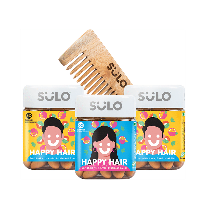 Sulo Nutrition Combo Pack of 2 Jar of Happy Hair Gummies for Men and 1 Jar of Happy Hair Gummies for Women (60 Each) with Neem Wood Comb Free