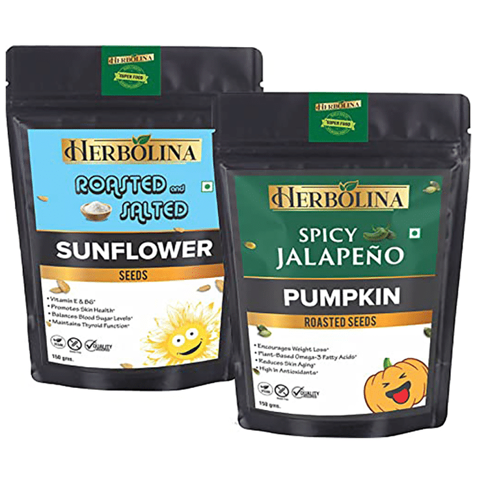 Herbolina Sunflower Seeds & Pumpkin Roasted Seeds (150gm Each) Roasted & Salted, Spicy Jalapeno