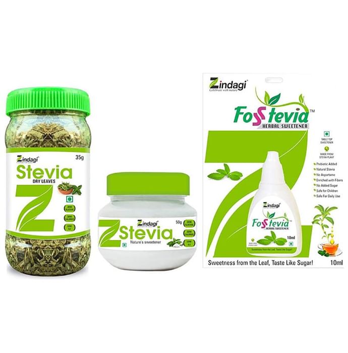Zindagi Combo Pack of Stevia Dry Leaves (35gm), Stevia Powder (50gm) & Stevia Liquid (10ml)