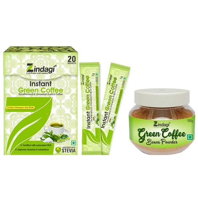 Zindagi Combo Pack of Green Coffee Beans (400gm) & Instant Green Coffee Powder (20 Sachets)