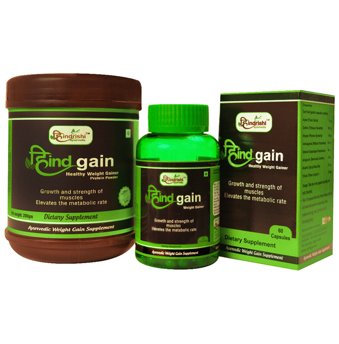 Hindrishi Ayurveda Combo Pack of Hind Gain Healthy Weight Gainer Protein Powder 200gm & Hind Gain Healthy Weight Gainer 60 Capsule