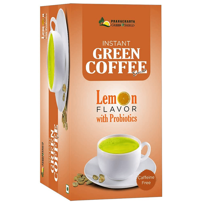 Pranacharya Green Shield Instant Green Coffee Extract Sachets (20 Each) Lemon with Probiotics