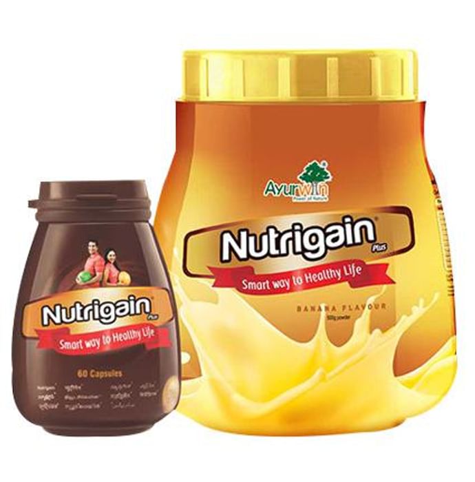 Ayurwin Combo Pack of Nutrigain Plus 60 Capsule & Nutrigain Plus Powder 500gm Banana Flavour