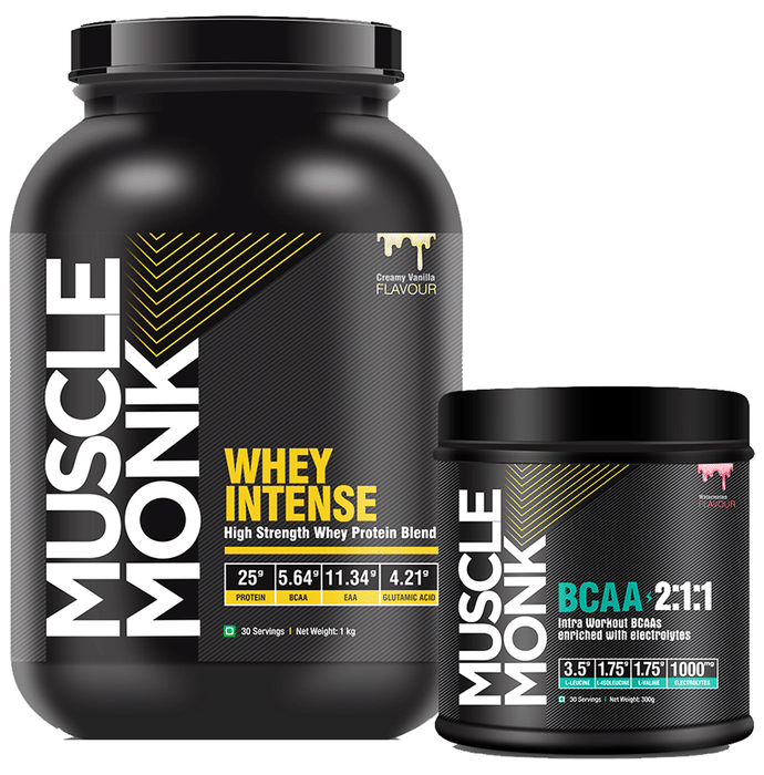 Muscle Monk Combo Pack of Whey Intense High Strength Whey Protein Blend 1kg & BCAA 2:1:1 300gm Creamy Vanilla & Watermelon