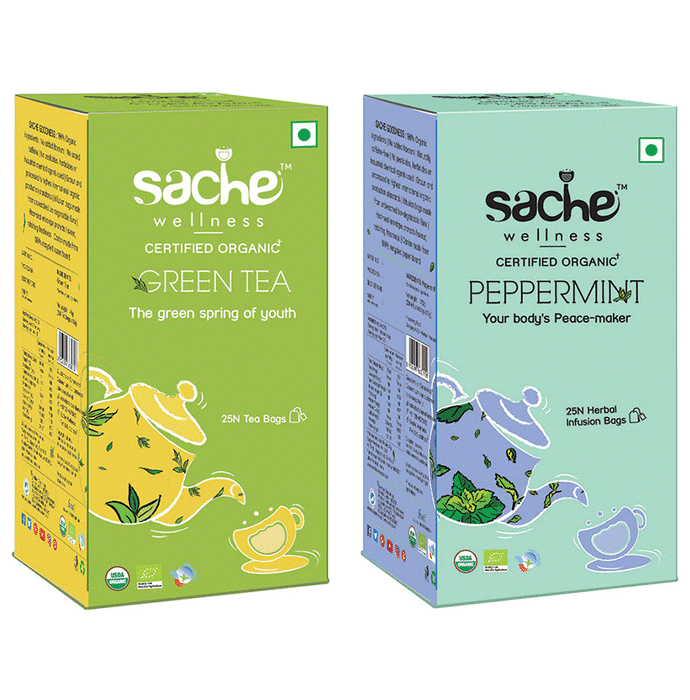 Sache Wellness Combo Pack of Organic Green Tea 25 Tea Bags & Peppermint 25 Herbal Infusion Bags