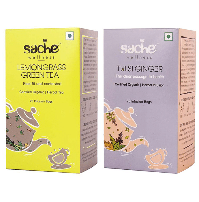 Sache Wellness Combo Pack of Organic Lemongrass Green Tea 25 Infusion Bags & Tulsi Ginger 25 Infusion Bags
