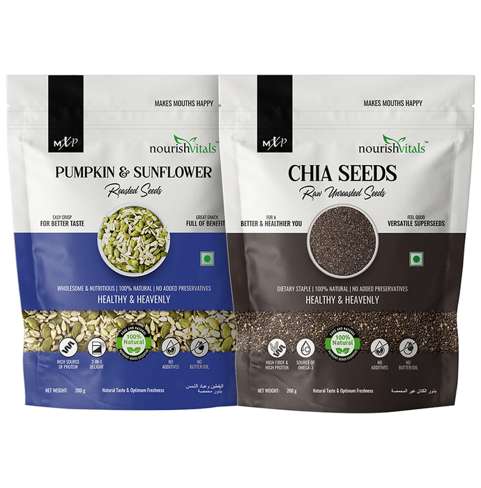NourishVitals Combo Pack of Pumpkin & Sunflower Roasted Seeds and Chia Seeds Raw Unroasted (200gm Each)