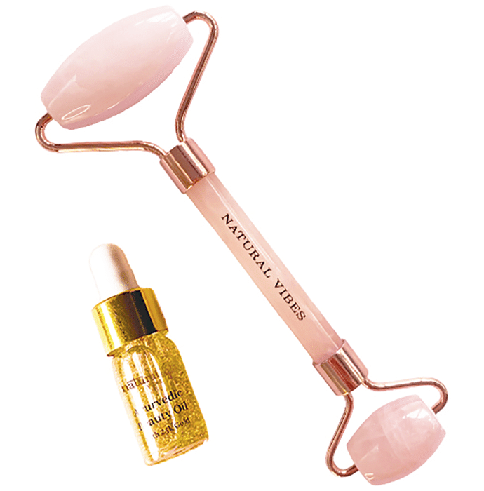 Natural Vibes Rose Quartz Roller & Massager with Gold Beauty Ellixir Oil 3ml Free