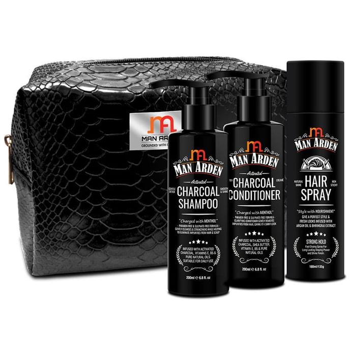 Man Arden Rippling Tresses Combo ( Hair Spray 180ml, Activated Charcoal Shampoo & Activated Charcoal Conditioner 200ml Each) with Pouch