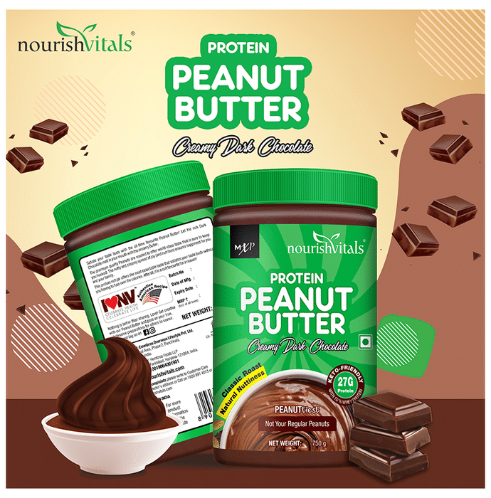 NourishVitals Combo Pack of Protein Peanut Butter Creamy Dark Chocolate & Classic Peanut Butter Extra Crunchy (750gm Each)