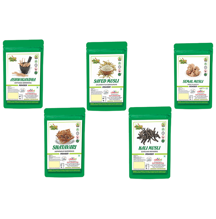 BHPI Bharat Combo Pack of Ashwagandha (Withania Somnifera) Powder, Safed Musli (Chlorophytum Borivilianum) Powder, Semal Musli (Bombax Mulabaricum) Powder, Shatavari (Asparagus Racemosus) Powder & Kali Musli (Curculigo Orchioides) Powder 100gm Each
