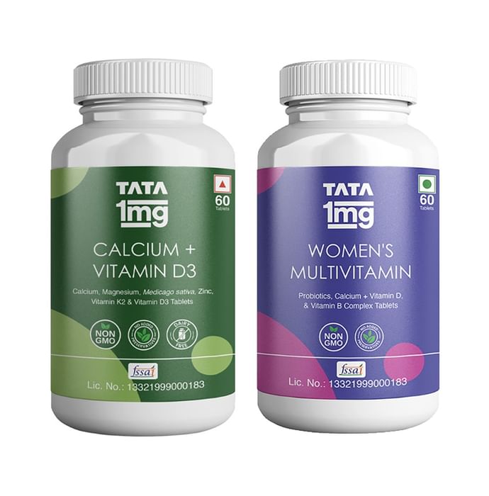 Combo Pack of Tata 1mg Calcium + Vitamin D3, Zinc, Magnesium and Alfalfa Tablets for Joint Health & Immunity & Tata 1mg Women's Multivitamin, Zinc, Vitamin C, Calcium, Vitamin D, and Iron Immunity Booster Tablet (60 Each)