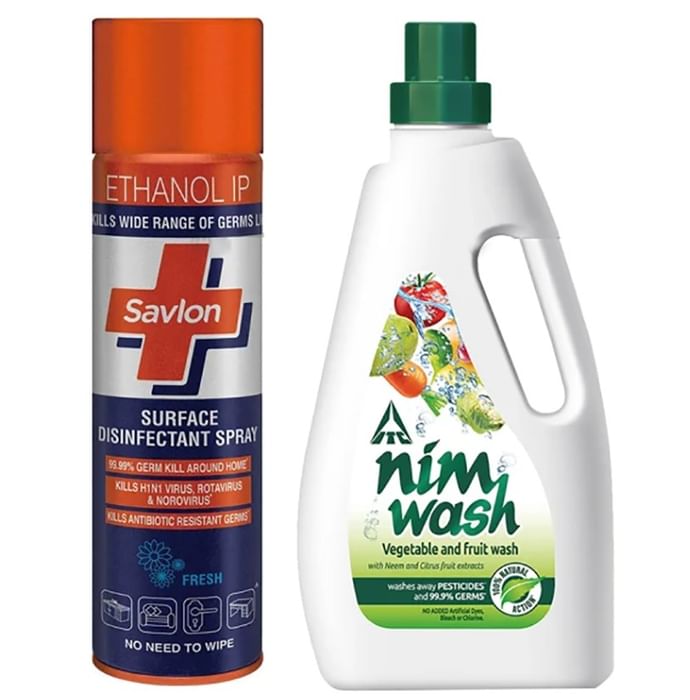 Disinfectant and Vegetable Wash Combo Pack of Savlon Surface Disinfectant Spray 170gm and ITC Nimwash 1Ltr
