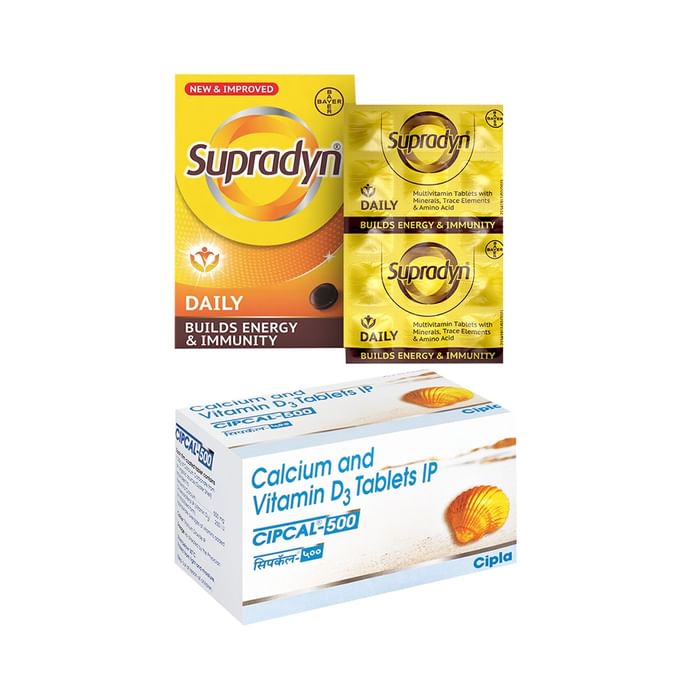 Combo Pack of Cipcal 500 Tablet & Supradyn Daily Multivitamin Tablet with Essential Zinc, 12 Vitamins, 5 Trace Elements for Daily Immunity & Energy (15 Each)