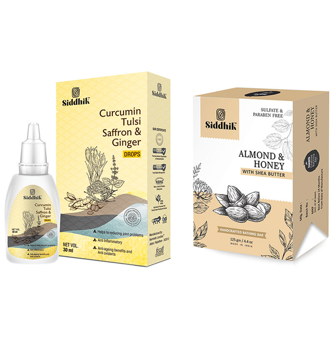 Siddhik Combo Pack of Curumin Tulsi Saffron & Ginger Drop (30ml) and Almond & Honey With Shea Butter Soap (125gm)