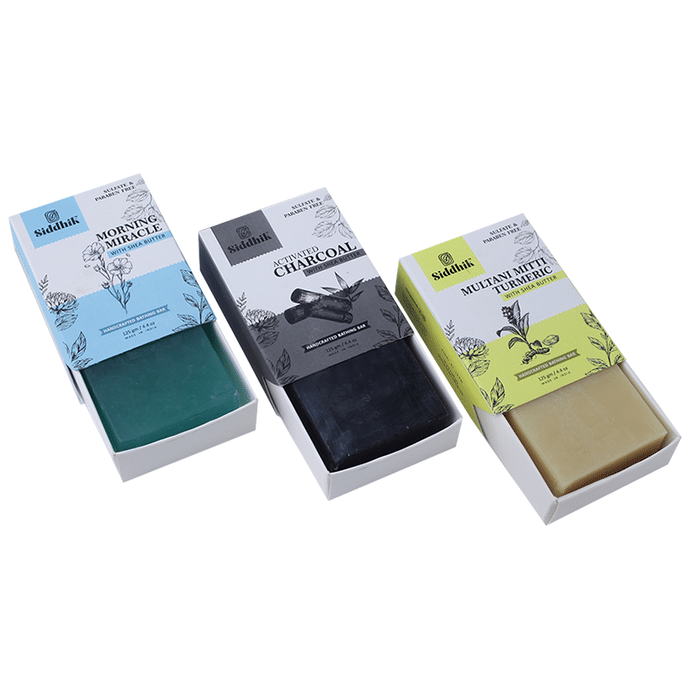 Siddhik Combo pack of Morning miracle , Activated Charcoal and Multani Mitti Turmeric Soap With Shea Butter ( 125 Each)