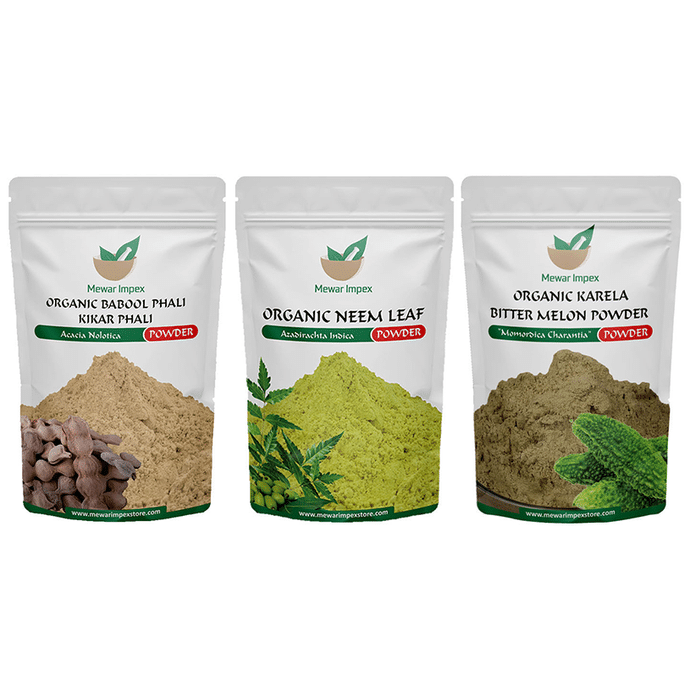 Mewar Impex Combo Pack of Organic Karela Bitter Melon Powder, Organic Neem Leaf Powder & Organic Babool Phali Kikar Phali Powder (100gm Each)