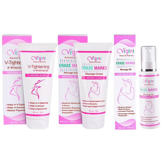 Vigini Combo Pack of V-Tightening & Whitening Gel 100gm, Erase Marks Massage Cream 100gm and Erase Marks Massage Oil 100ml