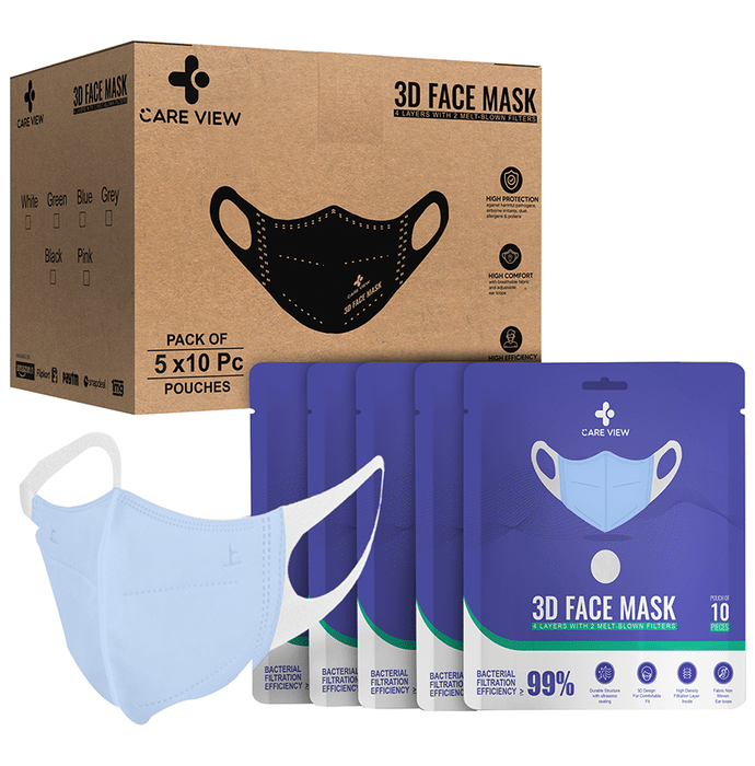 Care View 3 Dimensional Disposable Face Mask with 4 Layered Filtration and Soft Non-Woven Spandex Ear Loops Blue Pouch