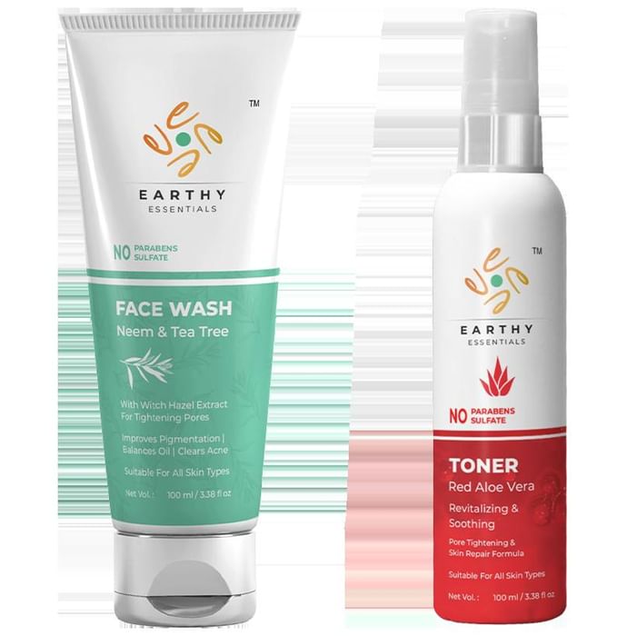 Earthy Essentials Combo Pack of Neem & Tea Tree Face Wash & Red Aloe Vera Toner (100ml Each)