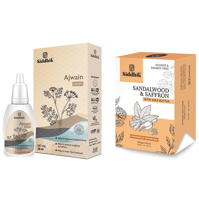 Siddhik Combo Pack of Ajwain Drop 30ml & Sandalwood & Saffron With Shea Butter Soap (125gm)