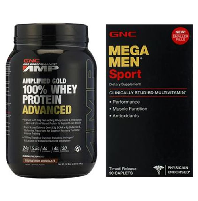 GNC Amp Gold 100% Whey Protein Advanced Chocolate Powder with Mega Men Sports Caplets