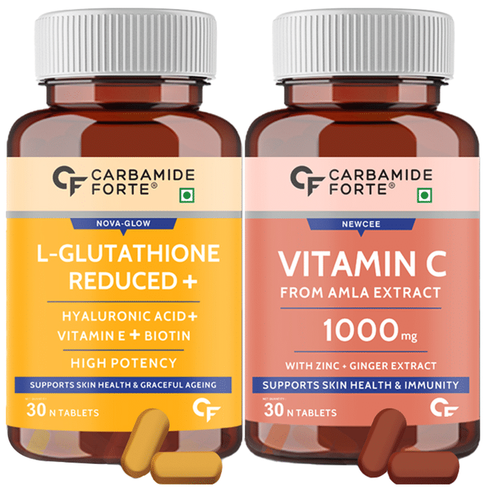 Carbamide Forte Combo Pack of Vitamin C 1000mg + Zinc Tablet & L-Glutathione Reduced + Hyaluronic Acid + Biotin + Vitamin E Tablet (30 Each)