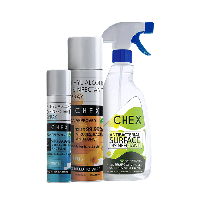 Chex Combo Pack of Ethyl Alcohol Disinfectant Spray (1 Bottle of 75ml & 1 Bottle of 235ml) & Antibacterial Surface Disinfectant Spray (1 Bottle of 500ml)