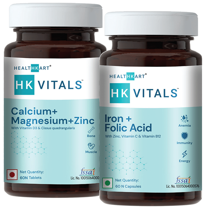 HealthKart HK Vitals Combo Pack of Calcium + Magnesium + Zinc Tablet & Iron + Folic Acid Capsule (60 Each)