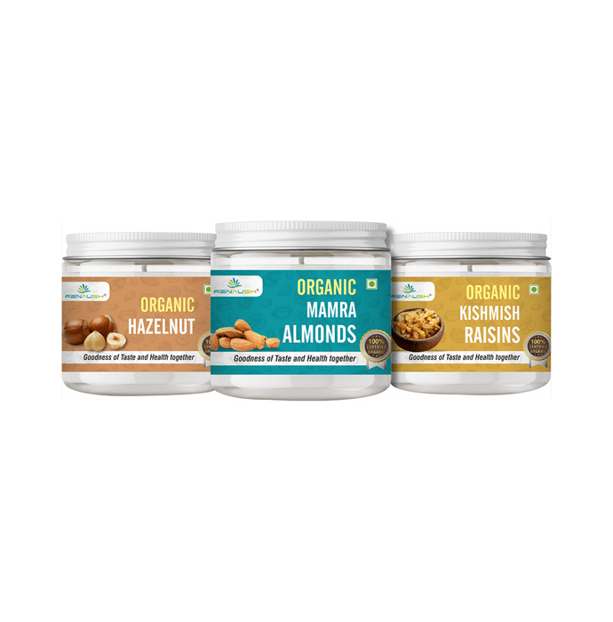 Renaush Combo Pack of Organic Hazelnut, Mamra Almonds & Kishmish Raisins (250gm Each)