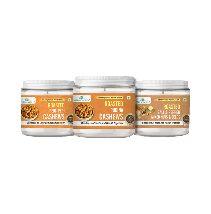 Renaush Combo Pack of Roasted Peri-Peri Cashews 200gm, Pudina Cashews 220gm & Roasted Salt & Pepper Mixed Nuts & Seeds 250gm