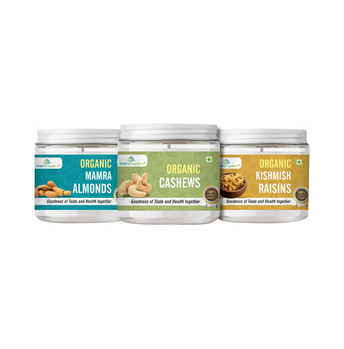 Renaush Combo Pack of Organic Mamra Almonds, Cashews & Kishmish Raisins (250gm Each)
