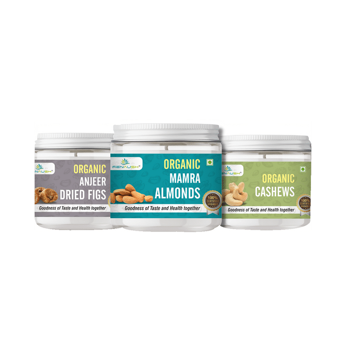 Renaush Combo Pack of Organic Anjeer Dried Figs 230gm, Mamra Almonds 250gm & Cashews 250gm
