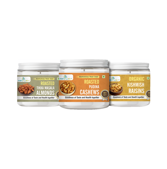 Renaush Combo Pack of Roasted Tikka Masala Almonds 250gm, Pudina Cashews 220gm & Kishmis Raisins 250gm