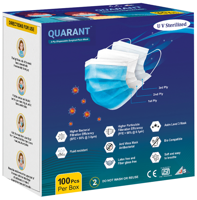 Quarant 3 Ply Disposable Surgical Face Mask with Adjustable Nose Pin, UV Sterilized (100 Each) Free Size Blue