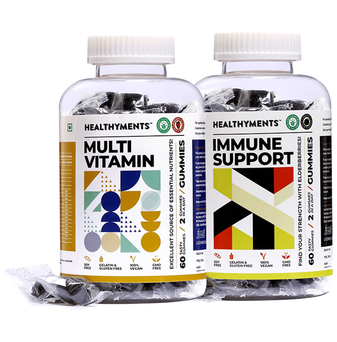 Healthyments Immunity Booster Combo Pack of Multivitamin Gummies Strawberry & Immune Support Gummies Black Currant (60 Each)