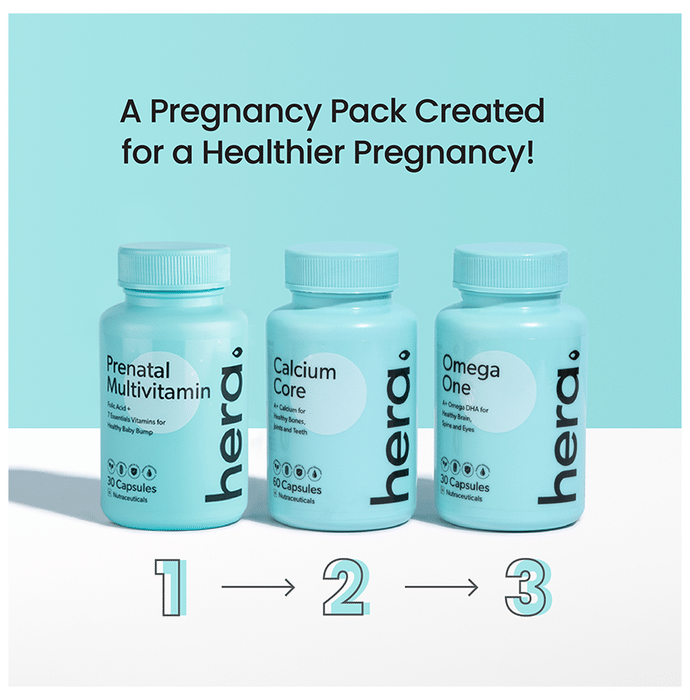 Hera Pregnancy Care Bundle Combo Pack of Prenatal Multivitamin 30 Capsule + Calcium Core 60 Capsule + Omega One 30 Capsule