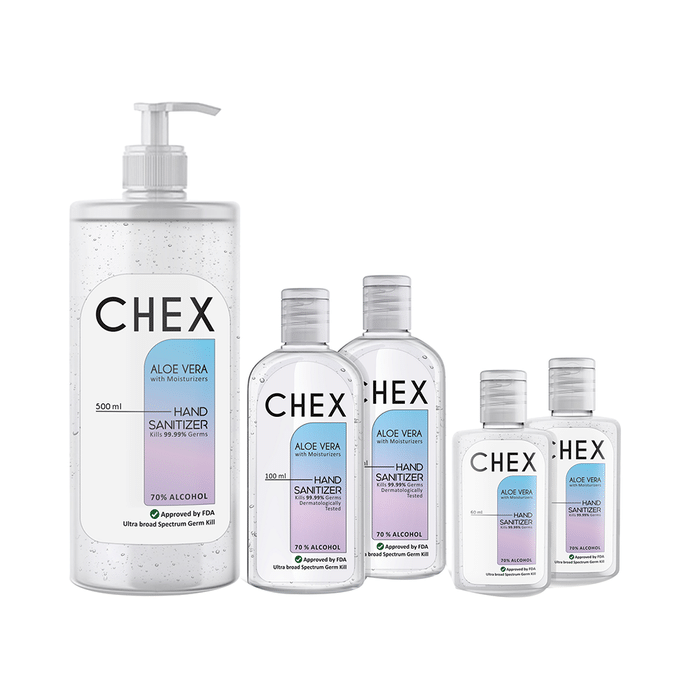 Chex Aloe Vera Hand Sanitizer Family Pack (1 Bottle of 500ml, 2 Bottle of 100ml Each & 2 Bottle of 60ml Each)