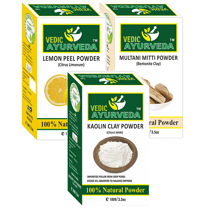 Vedic Ayurveda Combo Pack of Lemon Peel Powder, Multani Mitti Powder & Kaolin Clay Powder (100gm Each)