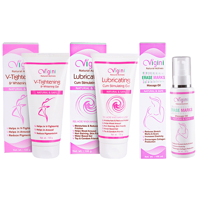 Vigini Combo Pack of V-Tightening & Whitening Gel 100gm, Lubricating Cum Stimulating Gel 100gm and Erase Marks Massage Oil 100ml