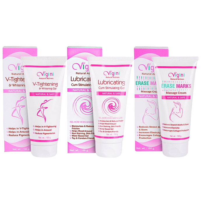Vigini Combo Pack of V-Tightening & Whitening Gel, Lubricating Cum Stimulating Gel and Erase Marks Massage Cream (100gm Each)